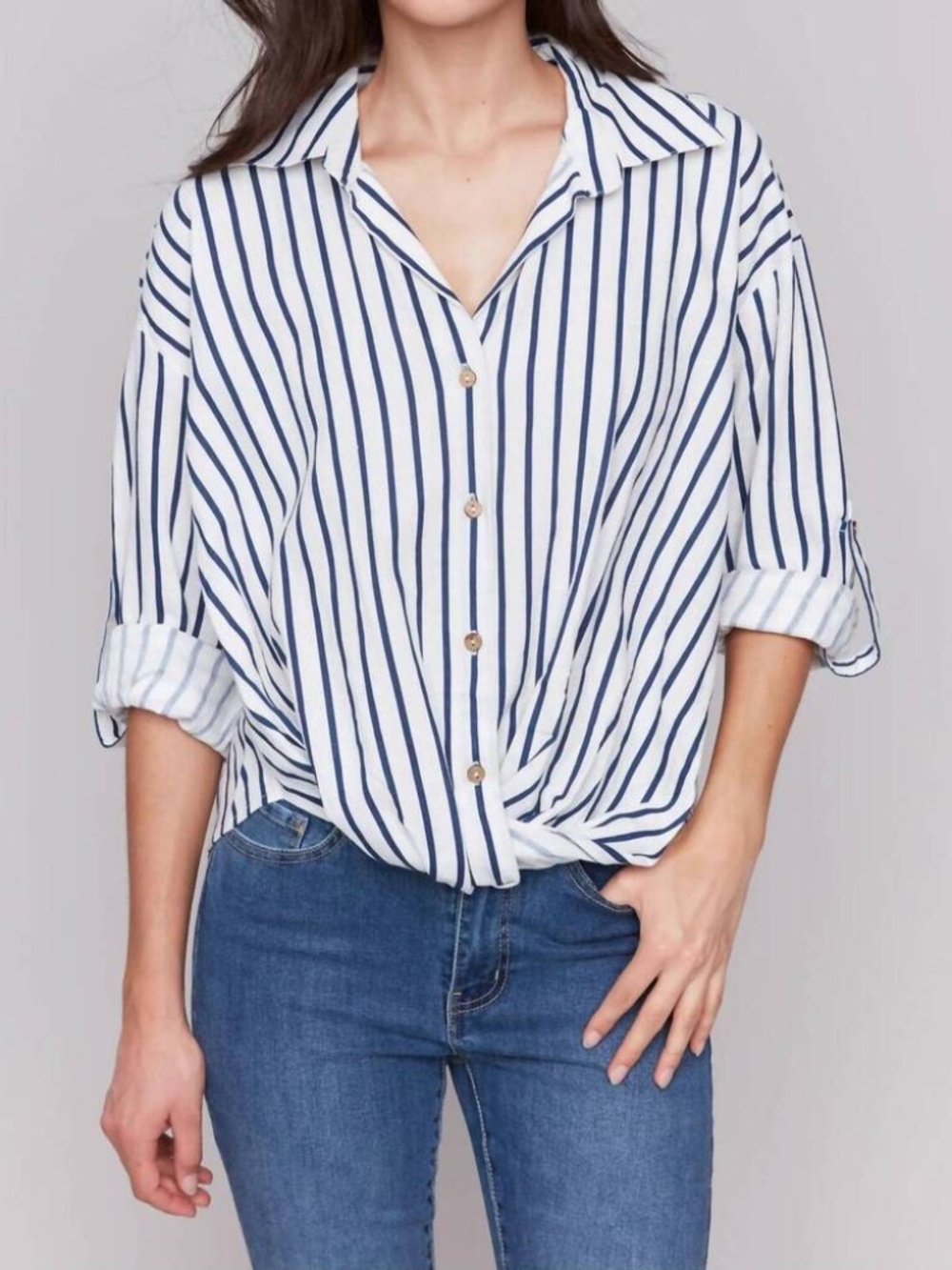 NEW CHARLIE B front twist blouse in stripes - Size Medium